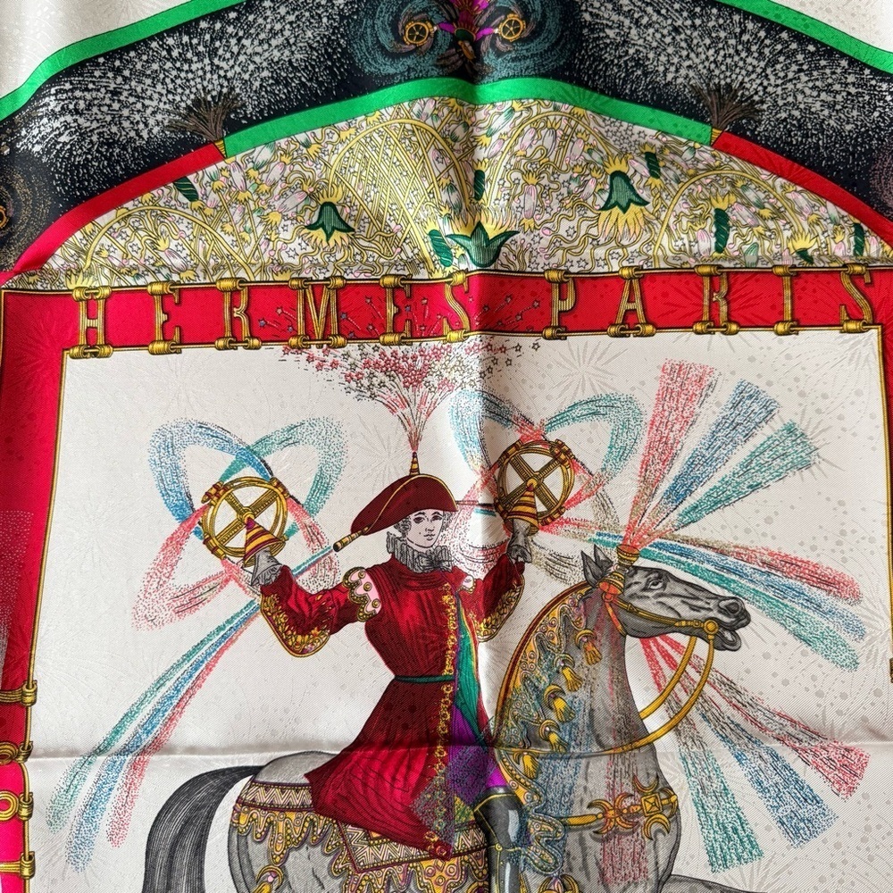 Hermes Feux d'Artifice 100% Silk Scarf in Black Red White and Gold - Picture 5 of 10